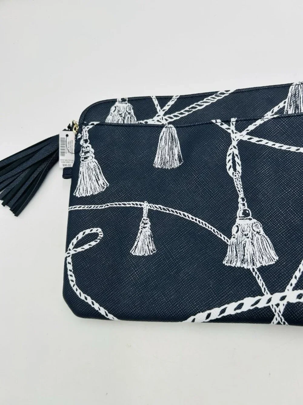 Chicos Navy Printed Tassel Tech Case 11.5